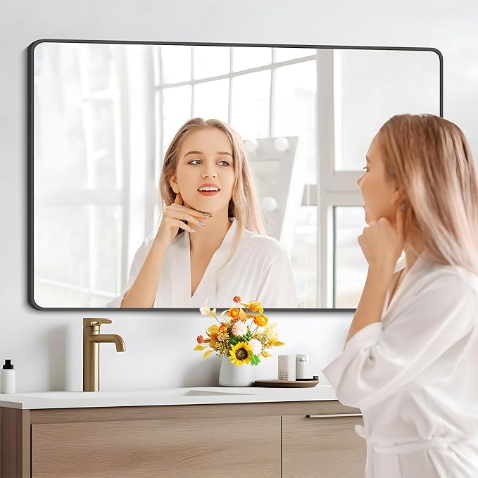 36" x 55"Bathroom Mirror, Matte Black Wall Mirror with Metal Frame, Decorative Rectangular Vanity Mirror for Bedroom Bathroom Living Room Entryway (Horizontal/Vertical)-StrideForce Fitness