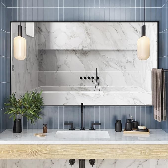 60x36 Inch Black Bathroom Mirror for Wall, Aluminum Frame Rectangle Rectangular Vanity Mirror, Modern Large for Bedroom, Living Room, Horizontal or Vertical-StrideForce Fitness