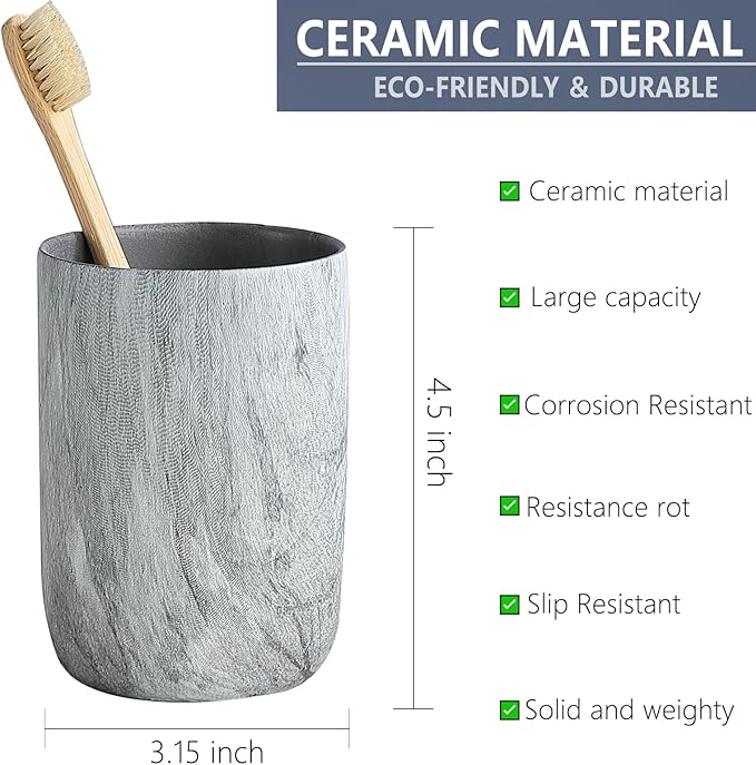 Marble Grey Toothbrush Holders for Bathrooms - 2 Cups Ceramic Toothbrush Toothpaste Holders, Grey Bathroom Tumbler Cups Reusable Toothbrush Mouthwash Cups, Bathroom Counter Organizer.