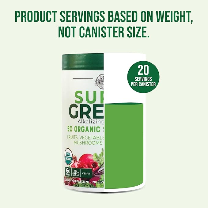 COUNTRY FARMS Super Greens Natural Flavor, 50 Organic Super Foods, USDA Organic Drink Mix, Fruits, Vegetables, Super Greens, Mushrooms & Probiotics, Supports Energy, 20 Servings, 10.6 Oz-StrideForce Fitness
