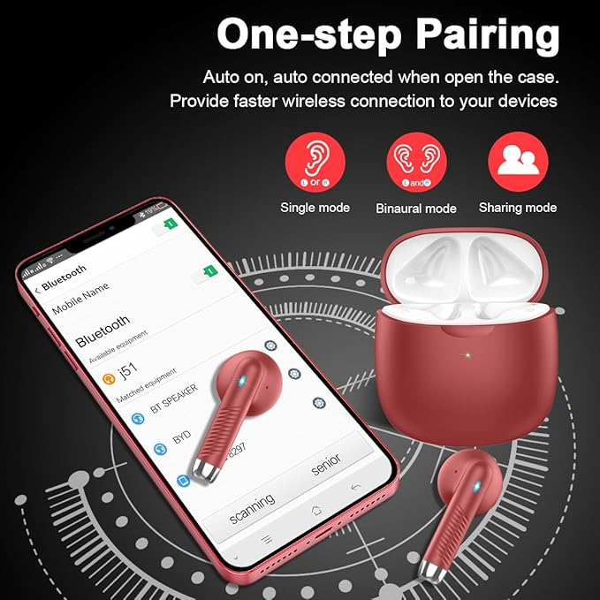 Wireless Earbuds, Bluetooth 5.4 Headphones in Ear with Noise Cancelling Mic, Bluetooth Earbuds Stereo Bass, IP7 Waterproof Sports Earphones, 32H Playtime USB C Charging Ear Buds Red for Android iOS-StrideForce Fitness