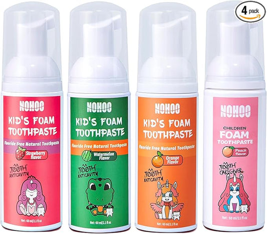 NOHOO Fluoride Free Foam Toothpaste Kids Fruit Flavour,Natural Training Toothpaste for Baby Toddler Children Oral Cleaning and Cavity Protection Strawberry Orange Peach Watermelon
