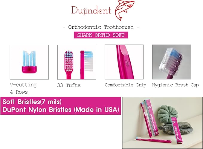 Orthodontic Toothbrush for Braces [2 Packs][Made in Korea] V Trim Cutting American Bristles Braces Toothbrush for Brackets and Wires Cleaning (Shark Ortho Soft, 2 Pack)