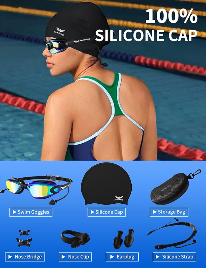 7 in 1 Swim Goggles + Swim Cap for Men Women,No Leak Anti-Fog & UV, Wide Visio HD Mirror PC Lens-StrideForce Fitness
