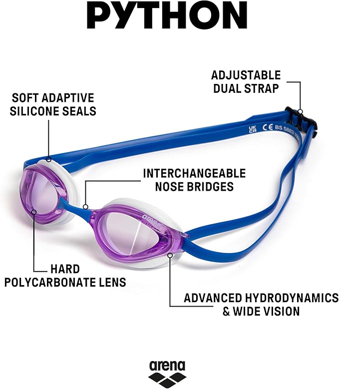 ARENA Unisex Python Racing Swim Goggles for Men and Women Anti-Fog No Leak Max Comfort Dual Strap, Mirror/Non-Mirror Lens-StrideForce Fitness