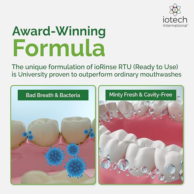 ioRinse Ready-to-Use (RTU) Mouthwash for Fresher Breath, Halitosis Relief, Alcohol-Free, Fluoride-Free and a Professional Clean, Original ioRinse RTU Mouth Wash, Zero Alcohol - Green Apple Flavor, 1L