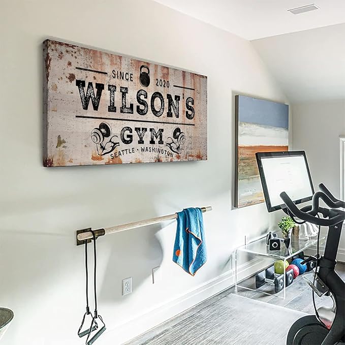 TAILORED CANVASES Personalized Gym Sign Wall Art Decor - Motivational Canvas s for Home Gym, Workout Room, Garage, Fitness Center - Workout Inspirational Posters - Kettlebell on Rustic, 48x16in-StrideForce Fitness