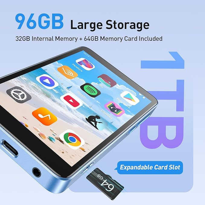 AGPTEK 96GB MP3 Player with Bluetooth and WiFi, T08X 4'' Android 14 MP4 Music Player with Spotify, Audible, APP Store, Up to 1TB, Blue-StrideForce Fitness