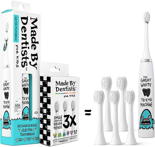 Made by Dentists Kids Electric Toothbrush - Rechargeable Vibrating Toothbrush with Timer, Includes 6 Replacement Heads, Halloween Gifts for Kids, Girls and Boys, Kid & Toddlers Age 2+, Shark