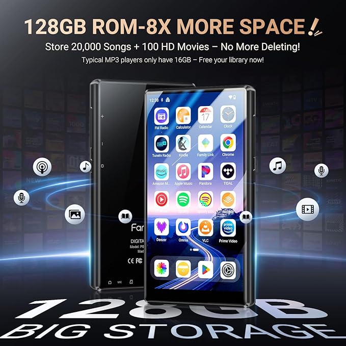 128GB MP3 Player with Bluetooth WiFi, Android 13 OS MP3 & MP4 Player with 5" Touchscreen and Speaker, 4GB RAM & 128GB ROM, Spotify Music Player with Audible, FM Radio, Amazon Music, Play Store-StrideForce Fitness