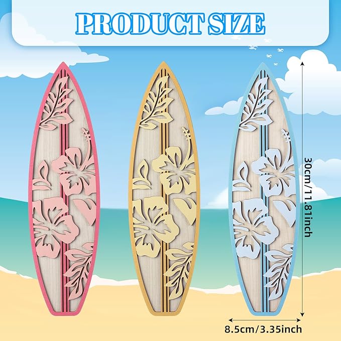 RattanView 3 Pieces Hibiscus Surfboard Decor for Bedroom Wooden Beach Wall Decor Summer Wood Surfboard Wall Hanging Sign for Tropical Living Room Decoration(Yellow, Blue, Pink)-StrideForce Fitness