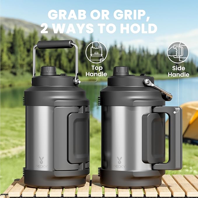 Meoky 1 Gallon Insulated Water Bottle for Travel 128 oz Triple Wall Vacuum Stainless Steel Water Jug - Top and Side Handles, Cold for 48 Hrs, 2-in-1 Straw and Spout Lid, Leak Proof for Work (Silver)-StrideForce Fitness