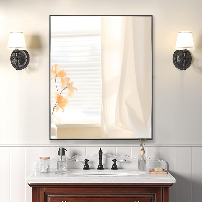 30x36 Inch Black Bathroom Mirror for Wall, Aluminum Frame Rectangle Rectangular Vanity Mirror, Modern Large for Bedroom, Living Room, Horizontal or Vertical-StrideForce Fitness