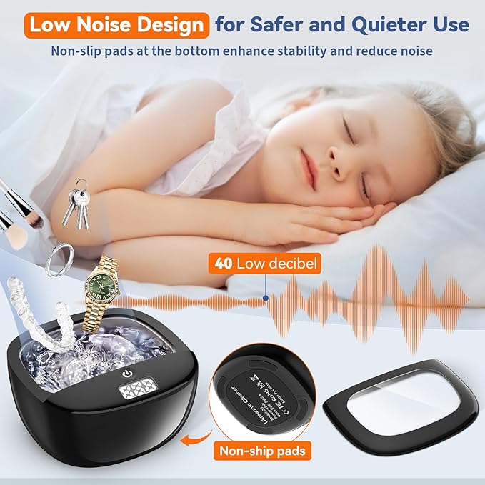 Ultrasonic Retainer Cleaner, 45kHz Dental Cleaning Pod for Dentures, Aligners, Night Guards & Jewelry, 150ML Denture Cleaner 2 Timed Modes & Travel Design (Black, 130ML Ultrasonic Machine)