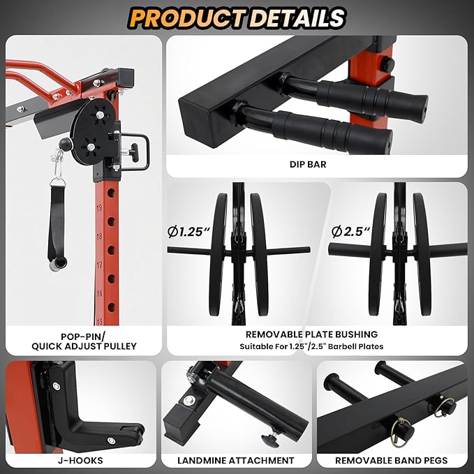 GaveeLife Power Cage, 2000 LBS Power Rack with Cable Cross-Over System, Multi-Functional Strength Training Squat Rack with LAT Pull Down System, Home Gym Equipment with Training Attachment, Red-StrideForce Fitness