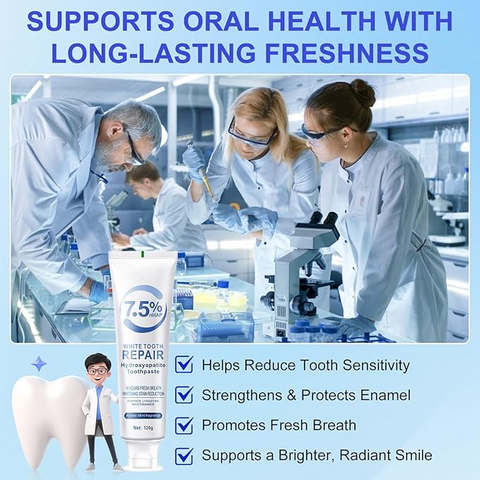 7.5% Hydroxyapatite Toothpaste for Enamel Protection & Tooth Strengthening, White Tooth Repair, Sensitive Teeth, Gentle Mint Fluoride-Free Formula (120g/4.23oz)