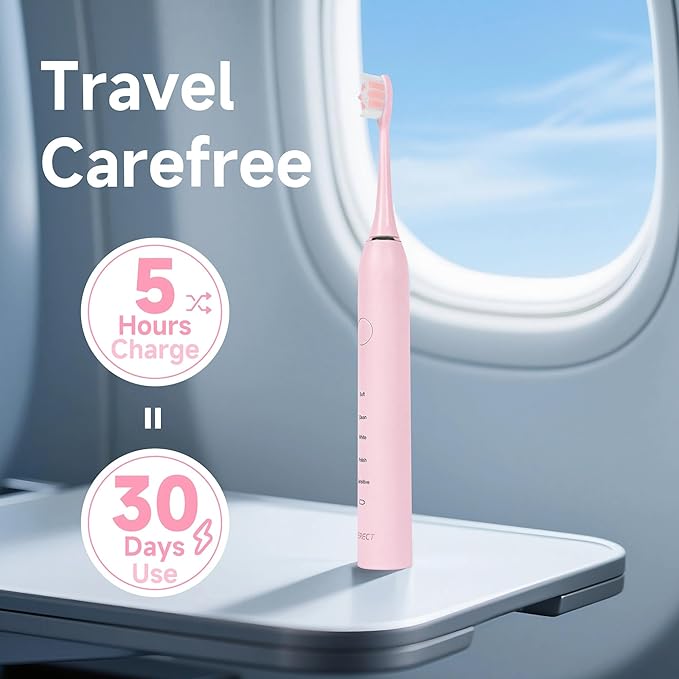 PERECT Ultrasonic Electric Toothbrush with 6 Brush Heads, 5 Modes Electric Toothbrush, Travel Rechargeable Power Toothbrush for Adults with Smart Timer &Travel Case & Soft Picks, IPX7 Waterproof, Pink