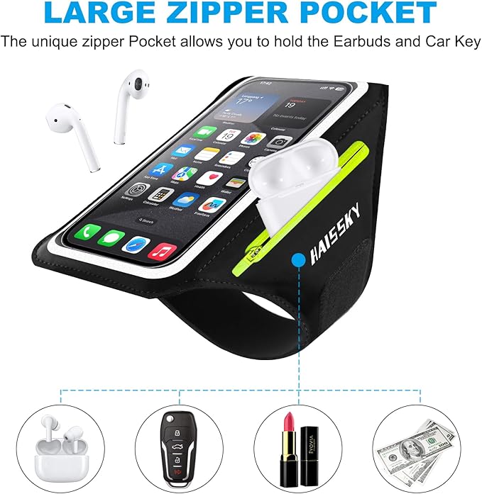Cell Phone Running Armband with Zipper Pocket Armband Case Running Holder for iPhone 16 Pro Max/15/14 Pro Max/13/12 /11 Pro Max/XS/XR,Galaxy S20 S10,Sweatproof Arm Band with Card/Key Bag-StrideForce Fitness