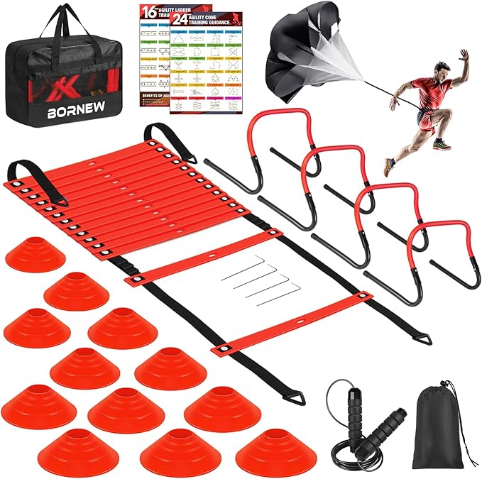 Soccer Training Equipment, Agility Speed Training Set with 20ft Speed Ladder, 12 Cones, 4 Adjustable Hurdles, Jump Rope, Parachute | Ideal for Basketball, Football Practise, for Kids, Youth, Adults-StrideForce Fitness