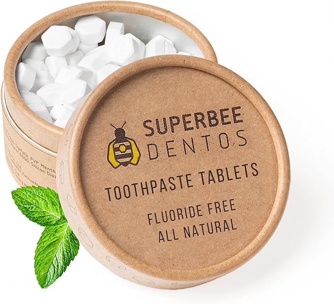 SuperBee Dentos Toothpaste Tablets & Biodegradable Bamboo Toothbrushes, 150 Tabs, Fluoride Free & Eco Friendly, Travel Mouthwash Tablets, Sensitive Bites Kids Adults