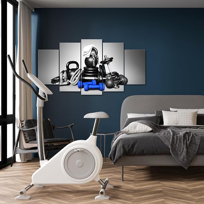KREATIVE ARTS Large 5 Panel Wall Art Fitness Equipment Canvas Prints Black and Blue Gym Pictures for Boys Men Bedroom Artwork Painting Home Decor Sportsman Gifts Decoration-StrideForce Fitness