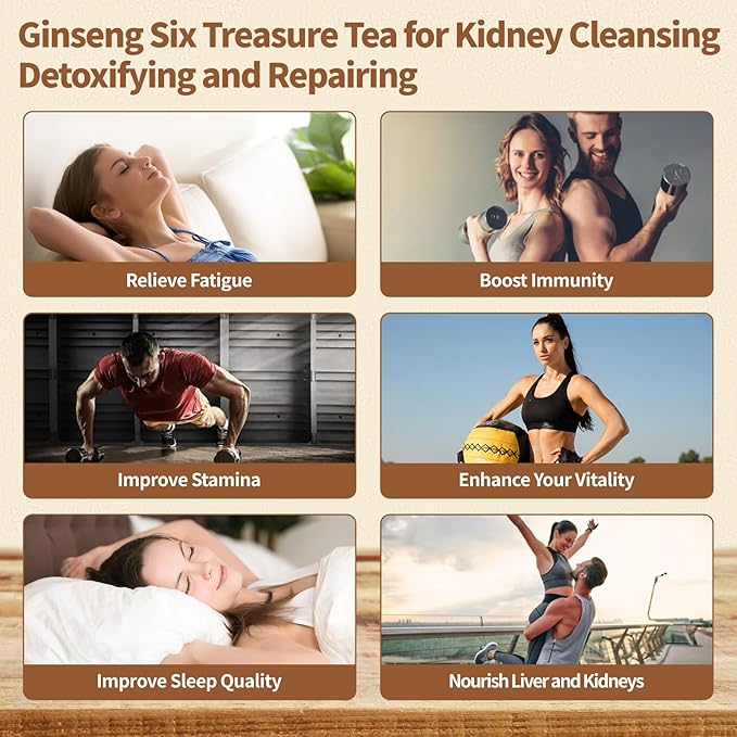 Kidney Tea Formula Ginseng Six Treasure Tea - Natural Chinese Traditional Herbal Ginseng Five Treasures Kidney Detox Cleanse Teabag For Men Women (60 Bags/2 Pack)-StrideForce Fitness
