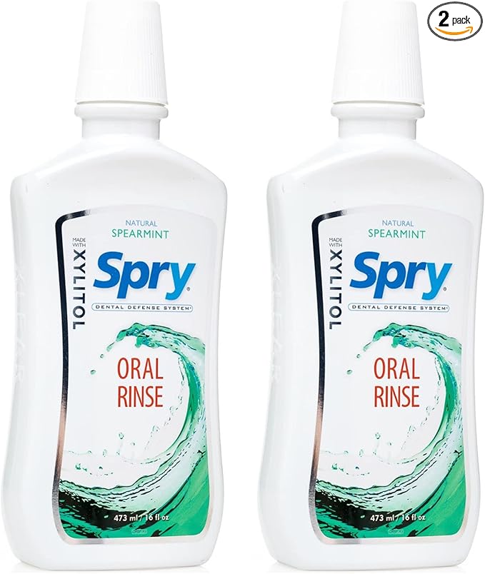 Spry Natural Xylitol Mouthwash Fluoride Free with Enamel Support, Gentle Alcohol Oral Rinse, Non-GMO, Spearmint - 16 fl oz (Pack of 2)