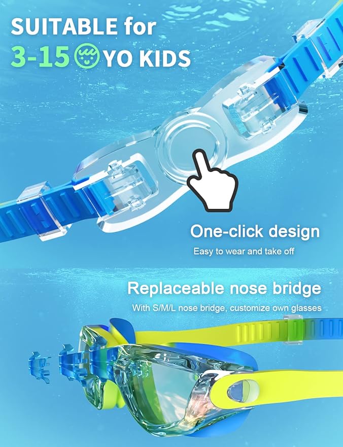 Kids Swim Goggles, Swimming Goggles for Kids with Nose Clip, Earplugs, Nose Bridge for Age 3-15-StrideForce Fitness