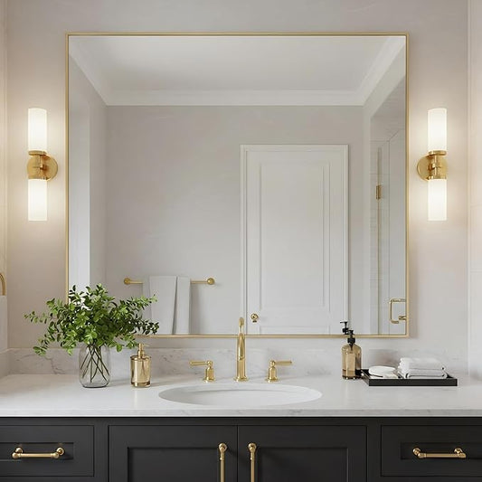 30x36 Inch Brass Bathroom Mirror for Wall, Aluminum Frame Rectangle Rectangular Vanity Mirror, Modern Large for Bedroom, Living Room, Horizontal or Vertical-StrideForce Fitness