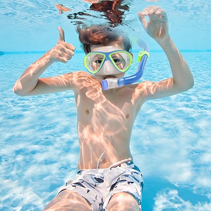 Kids Mask Fins Snorkel Set, Dry Top Snorkeling Gear for Kids Youth Boys Girls Junior Age 5-15 Tempered Glass Snorkel Mask Set Panoramic View Snorkeling Packages-StrideForce Fitness