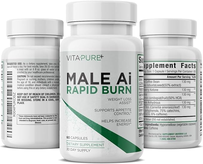 Male Ai Rapid Fat Burner for Men | Supports GLP-1 Pathway Function for Weight Loss | Appetite Suppressant, Energy Booster, Diet Pills | 3rd Party Tested Formula - 60 Capsules-StrideForce Fitness