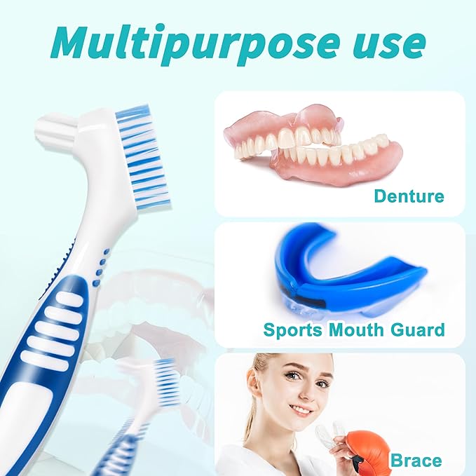 6 Pcs Denture Brush Set for False Teeth with White Carrying Case, Denture Toothbrushes with Double Sided Design, Dental Brush with Multi-Layered Soft Bristles and Rubber Anti-Slip Handle, 4 Colors