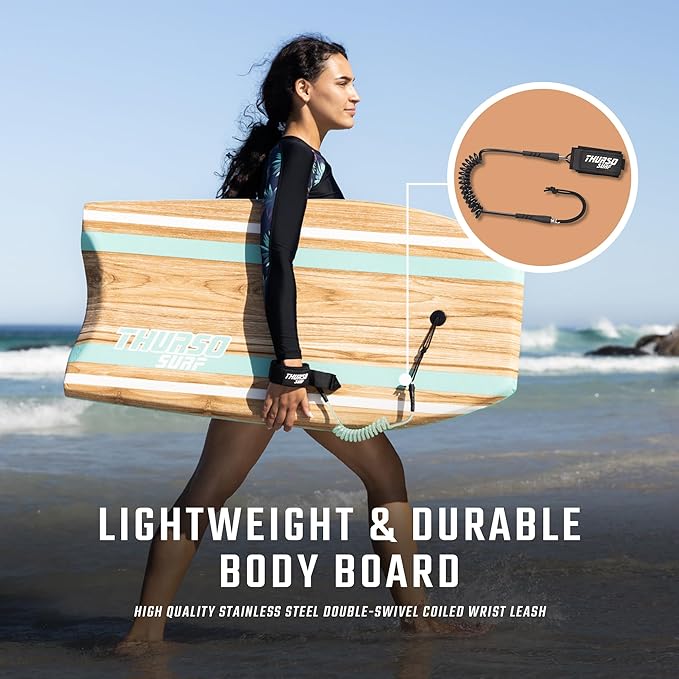 THURSO SURF Quill 42'' Bodyboard Lightweight Durable EPS Core IXPE Deck HDPE Slick Bottom FRP Stringer Crescent Tail Dual Channel Plastic Mesh with Double Stainless Steel Swivel Coiled Wrist Leash-StrideForce Fitness