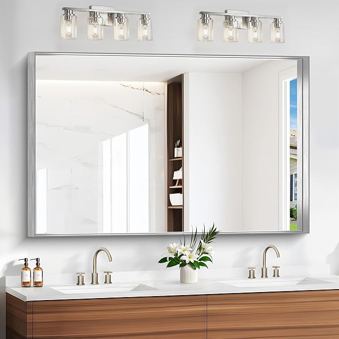 Silver Bathroom Mirror, 36x55 Inch Rectangular Deep Frame Mirror, Large Wall Mounted Bathroom Vanity Mirror Over Sink for Bedroom,Restroom, Living Room, Hangs Vertically or Horizontally-StrideForce Fitness