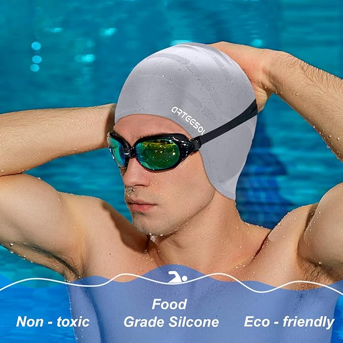 Swimming Cap, Silicone Swim Cap for Women Men, Durable Non-Slip Waterproof Swim Cap Protect Ears, Long Hair for Adults, Older Kids-StrideForce Fitness