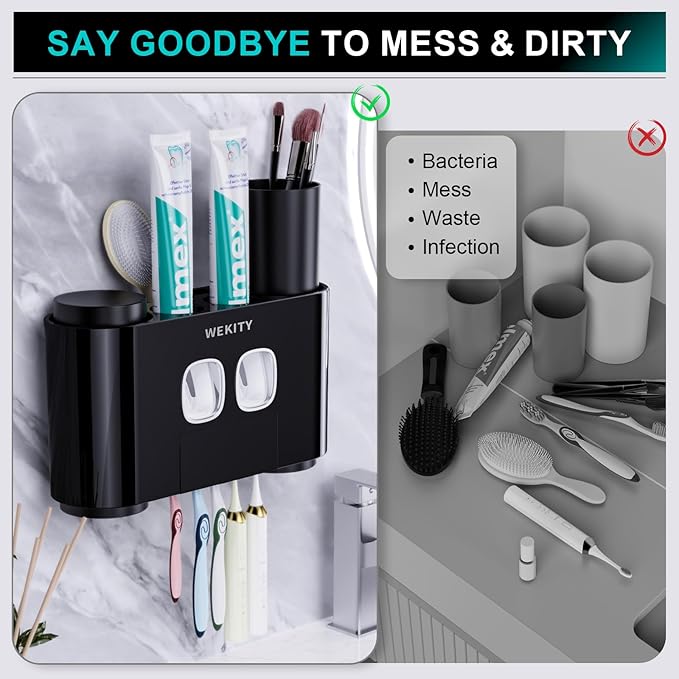 Toothbrush Holder,Multi-Functional Wall Mounted Toothbrush Holder,Toothpaste Dispenser for Bathroom with 2 Toothpaste Squeezers,5 Toothbrush Slots and 4 Cups(Black)