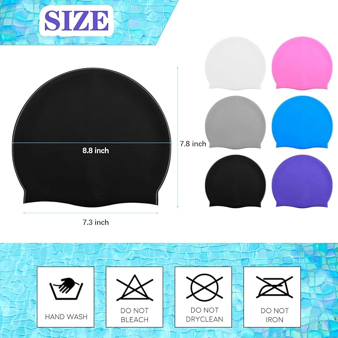 Syhood 6 Pieces Unisex Adult Silicone Swim Cap Waterproof Swimming Hat Non Slip Pool Hat Elastic Silicone Cap for Long and Short Hair-StrideForce Fitness