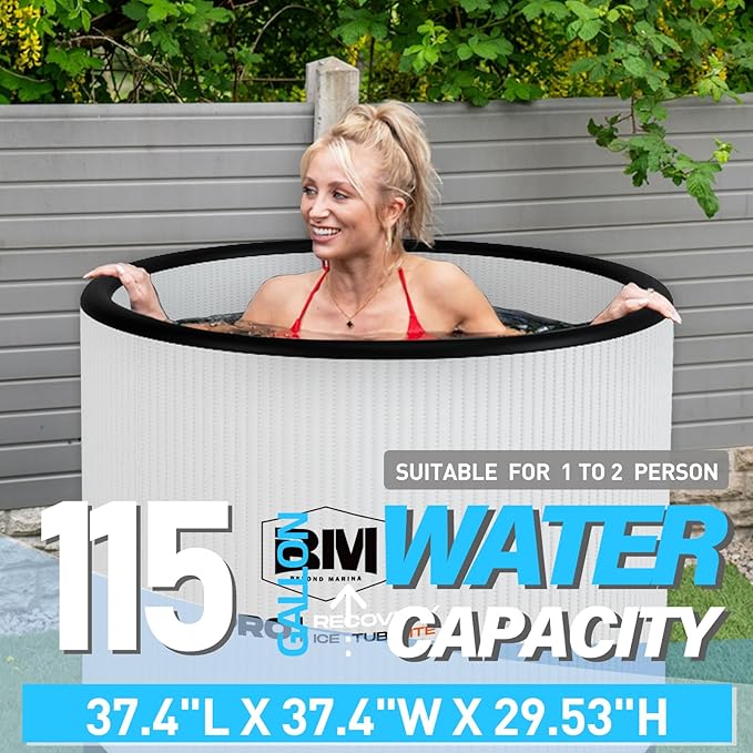 Inflatable Ice Bath Tub for Athletes - Cold Plunge Tub Compatible Water Chiller, Insulated Lid, EVA Groundsheet, Backpack, 115 Gallon, 37.4" L x 37.4" W x 29.53" H-StrideForce Fitness