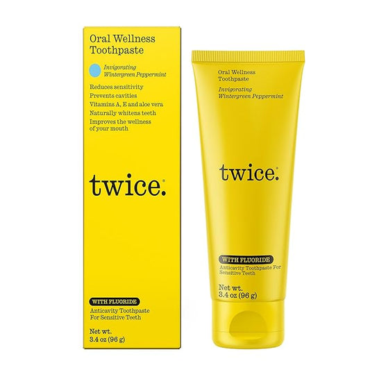 Twice Twice Oral Wellness Toothpaste with Fluoride – Natural Anticavity Toothpaste for Sensitivity Relief, Whitening & Fresh Breath, Wintergreen Peppermint, 3.4oz