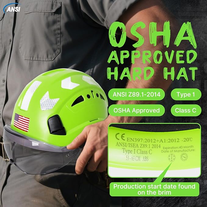 AOLAMEGS Construction Safety Hard Hat - ANSI Z89.1 Type Ι OSHA Approved Safety Helmets with Chin Straps Lightweight Reflective Vented ABS Hard Hats For Men Women Industrial Workwear 6-point Suspension-StrideForce Fitness