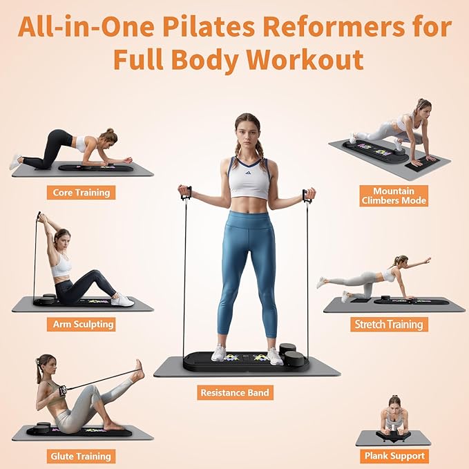 Pilates Reformer Board, 6 in 1 Portable & Foldable Pilates Reformer Set with Resistance Bands, Pilates Board for Home Workout, Multifunctional Abdominal Board-StrideForce Fitness