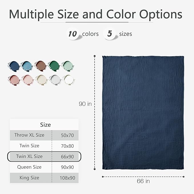 Carriediosa 100% Cotton Muslin Throw Blanket 66" X 90" Twin XL Size，4-Layers Summer Gauze Throws for Bed Couch，Soft Lightweight Breathable Linen Blankets Bedspread for Adults All Season，Navy Blue-StrideForce Fitness