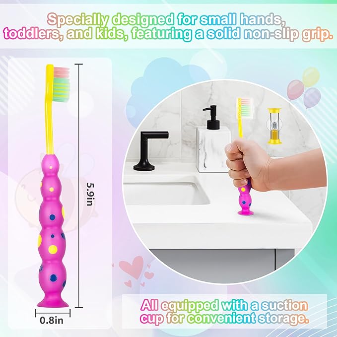 Kids Toothbrush, Toddler Toothbrush Age 2-4 and Older, with Suction Timer, Children Sized Brush Heads (3-10 Year Old), Flossing Bristles, Pack of 4