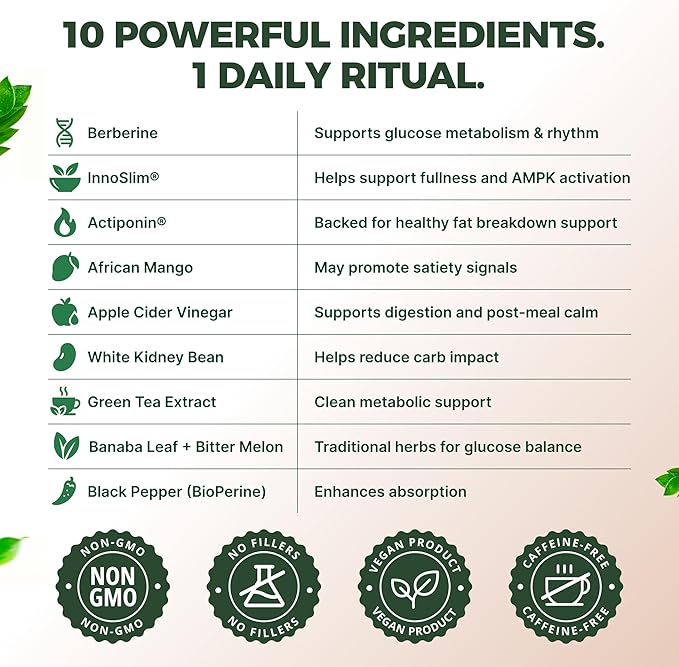 GLP-1 Supplement for Women & Men - Hunger & Metabolism Support with Berberine, InnoSlim, Actiponin - Natural GLP1 Booster to Support Appetite, Digestion & Gut Health - Vegan - 60 Capsules-StrideForce Fitness