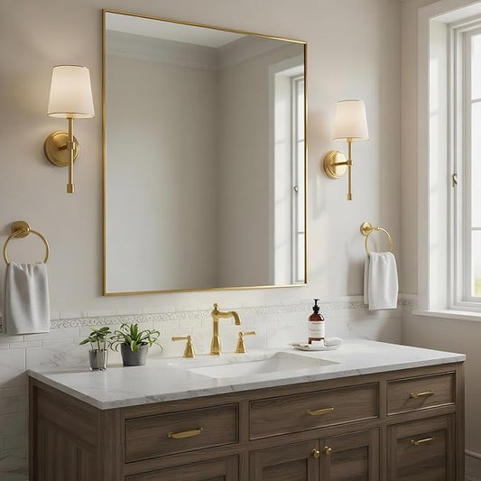 30x30 Inch Brass Bathroom Mirror for Wall, Aluminum Frame Rectangle Rectangular Vanity Mirror, Modern Large for Bedroom, Living Room, Horizontal or Vertical-StrideForce Fitness