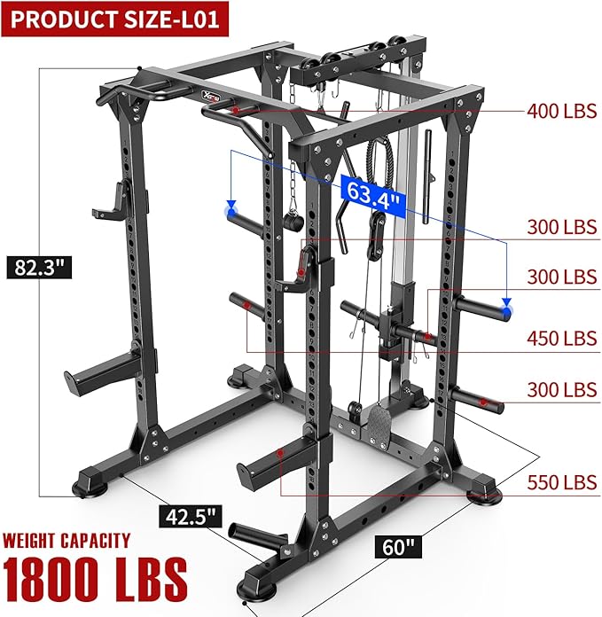 Power Rack Power Cages Multi-Function Squat Rack with Cable Crossover System Selectable More Training Attachment Weight Cage for Garage Home Gym-StrideForce Fitness