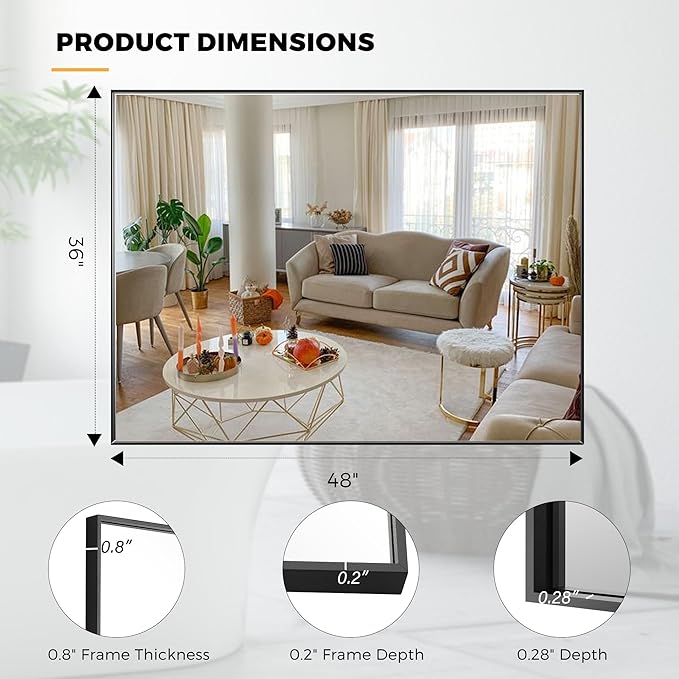 36x48 Inch Black Bathroom Mirror for Wall, Aluminum Frame Rectangle Rectangular Vanity Mirror, Modern Large for Bedroom, Living Room, Horizontal or Vertical-StrideForce Fitness