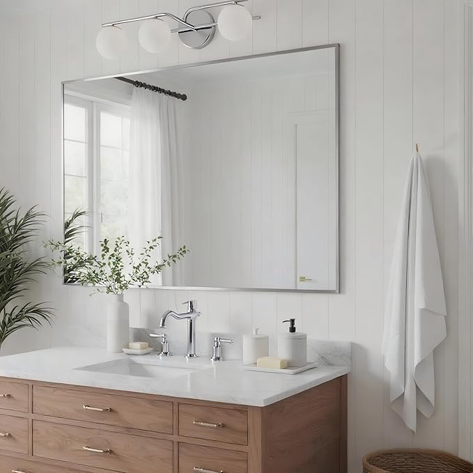 27x36 Inch Nickel Bathroom Mirror for Wall, Aluminum Frame Rectangle Rectangular Vanity Mirror, Modern Large for Bedroom, Living Room, Horizontal or Vertical-StrideForce Fitness