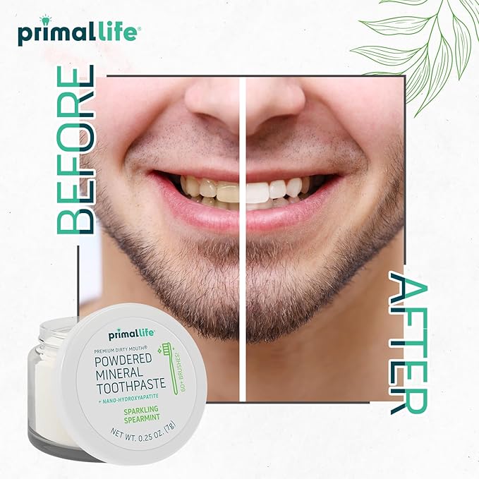 Primal Life Organics Dirty Mouth Toothpowder, Tooth Cleaning Powder, Flavored Essential Oils, Hydroxyapatite, Natural Kaolin, Bentonite Clay, USE: 60+ Brushings, Paleo, Organic, Vegan Spearmint 0.25oz