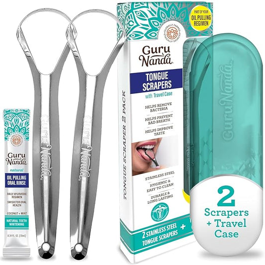 GuruNanda Tongue Scraper for Adults (2 Pack) with Travel Case, 420 Medical-Grade 100% Stainless Steel Tongue Cleaner, Aids in Fresh Breath & Oral Care